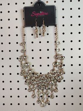 Paparazzi Signature Gold Crystal Bib Necklace and Drop Earrings - Gold